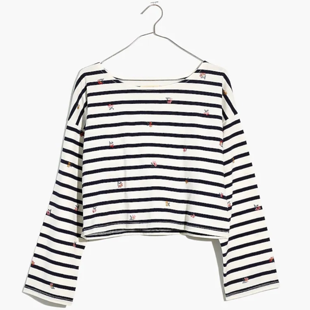 Madewell Cross-Stitch Embroidered Supercrop Long-Sleeve Tee in Stripe size L NWT